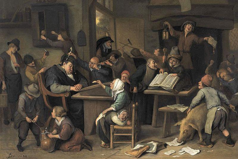 Jan Steen A school class with a sleeping schoolmaster, oil on panel painting by Jan Steen, 1672